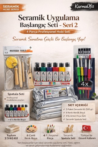 Seramik Başlangıç Seti-2 2.5 Kg Kil + 6'lı Akrilik Boya + 4'lü Fırça + Spatula