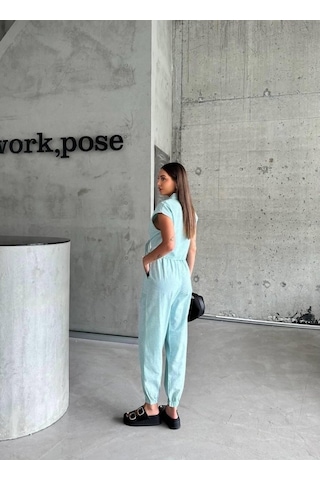 Reka Moda Çizgili Keten Kolsuz Crop Pantolon Takım - Yeşil Yeşil