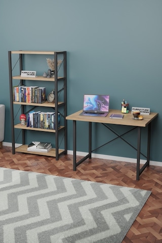Metal Kitaplık 5 Raflı + 60x90 Cm Çalışma Masası Atlantik Çam