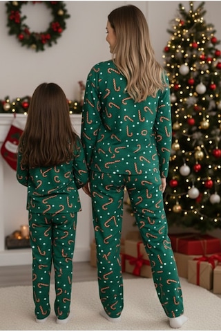 Siyah İnci %100 Pamuklu Şeker Baston Desenli Yılbaşı Temalı Örme Pijama Takım Yeşil Baston