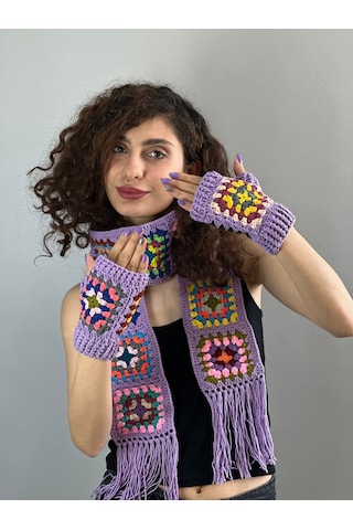 Gönülden Tasarım El Örgüsü Etnik Motif Desenli Atkı Eldiven Set Atkı 180 Cm Lila