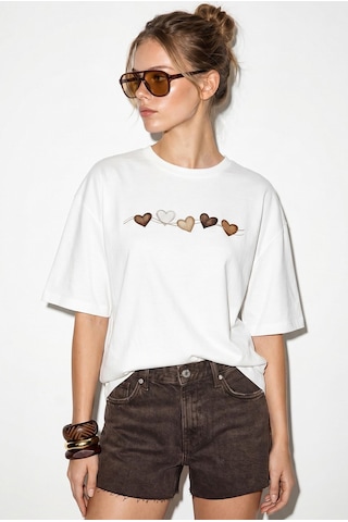 Shade Kadın Bisiklet Yaka Kalp Baskılı Oversize Pamuklu T-shirt Öt100012 60286271 - Beyaz