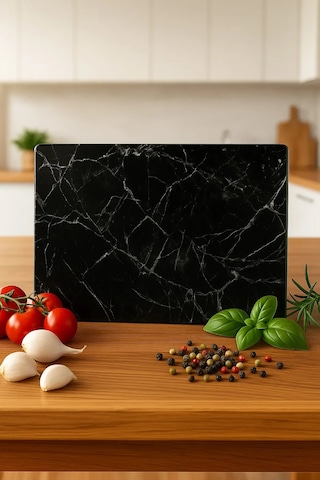 Siyah Mermer Görünümlü Cam Kesme Tahtası Kırılmaz, Oval Kenarlı 20x30 Cm Hijyenik Kesme Tahtası Siyah Mermer