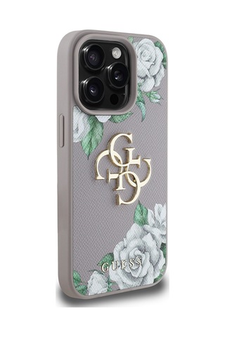 Apple Uyumlu iPhone 15 Pro Max Kılıf Guess Lisanslı Gül Baskılı Büyük Metal Logo Dizaynlı Kapak Mor