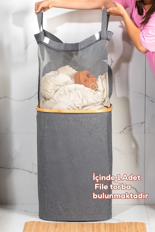 Porsima Mio-101 Bambu Banyo Kirli Çamaşır Sepeti Banyo Düzenleyici Sepet 44x66 Cm Renkli