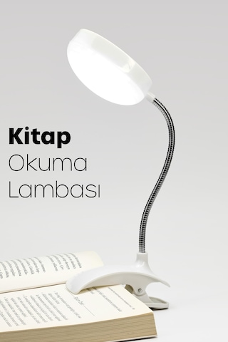 Kitap Okuma Lambası Kıskaçlı Bükülebilir 5 Led Midi Çalışma Işığı Pilli Spiral Gövde My005 Beyaz