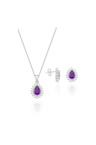 Gümüş Set Ametist Taşlı Kolye Küpe Kadın İkili Set 925 Ayar St125 Mor