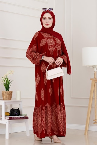 Sevitli Yarım Düğmeli Robalı Hira Elbise-bordo-4935