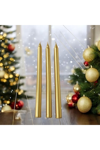 Denic 3 lü Metalik Gold Şamdan Mum Konik Mum