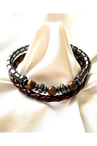 %100 Deri&hematit Kombin Kahve Erkek Bileklik Net 21cm Türk Malı Kahverengi - Siyah