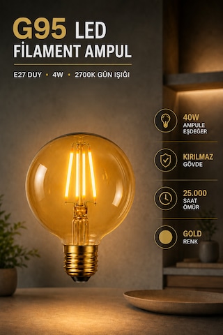 Rustik Led Kırılmaz Ampul G95 Glop E27 4w 2700k Sıcak Işık Gold Filament Dekoratif Dimmerli Tekli