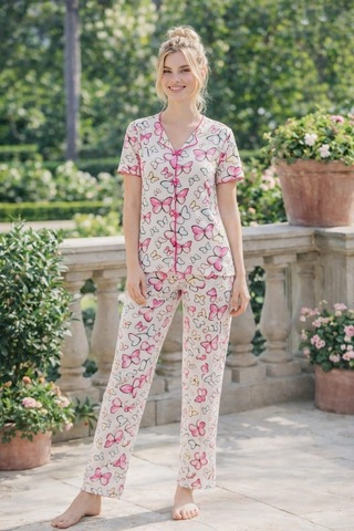 Kadın 01667 Kısa Kol Kaşkorse Pijama Takımı Çok Renkli
