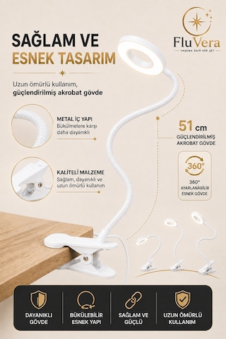 Usb Led Halka Masa Lambası 3 Renk Işık 360 Esnek Gövde Mandallı Klipsli Çalışma Okuma Makyaj Lambası Beyaz