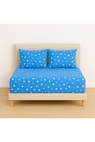 Desenli 180 X 200 Cm Battal Boy Mavi Yıldız Lastikli Çarşaf Ve 2 Adet Yastık Kılıfı Mavi
