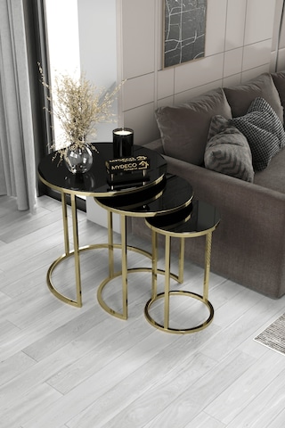 3'lü Zigon Sehpa Gold Ayak Siyah Ayna
