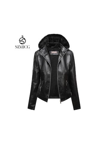 Kapüşonlu Peluş Deri Ceketli Kadın İlkbahar Ve Sonbahar Ceketi Siyah
