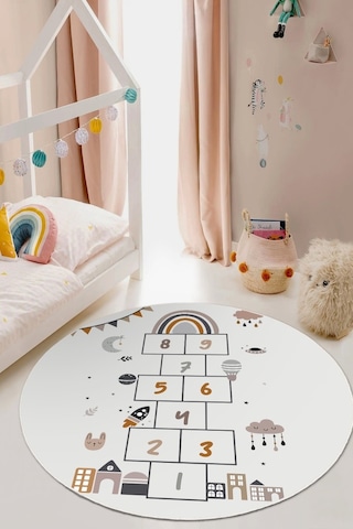 Ayda Oyun Var: Seksek Desenli Eğlenceli Yuvarlak Çocuk Halısı - Kaymaz Taban Krem