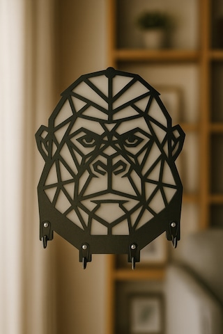 Goril Figürlü Geometrik Duvar Tipi Dekoratif Anahtarlık Askılığı Siyah - Beyaz