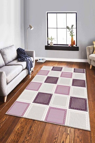 Mürdüm Geometrik Kaymaz Tabanlı Dekoratif Halı Dm002n11