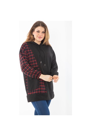 Kadın Büyük Beden Siyah Ekose Garnili Kapşonlu Sweatshirt 65n37289-siyah Siyah