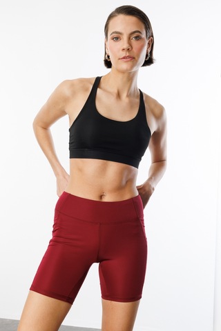 Yüksek Bel Toparlayıcı Çift Cepli Biker Şort Kısa Spor Tayt Kısa-tayt Bordo