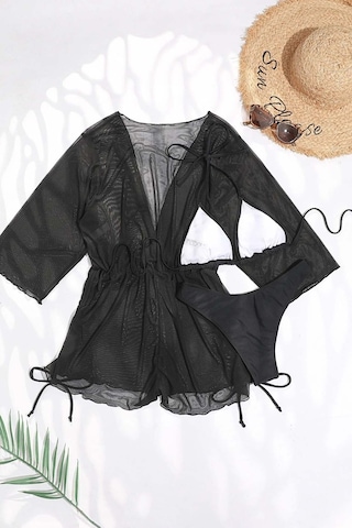 Angelsin Şifon Pareo Plaj Elbesi Cover Up Kimono Siyah 001