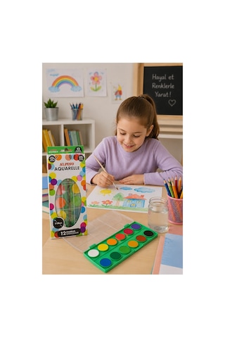 12 Renk Sulu Boya 28mm 1 Paket Alpino Aquarelle 12 Li Suluboya Fırça Hediyeli Canlı Renkler Kaliteli Yıkanabilir Zararsı Çok Renkli