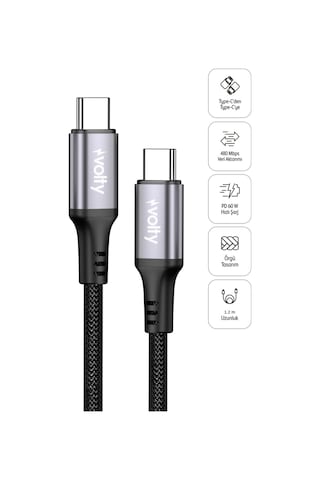 Type C Hızlı Şarj Kablosu Type-c To Type-c, 60w, 480mbps, 1.2m, Pd, Data, Dayanıklı Örgü V0201009