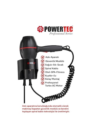 Powertec Tr-301 Otel Tipi Otomatik Kapanan Askı Aparatlı Duvara Monte Fön Makinesi Siyah
