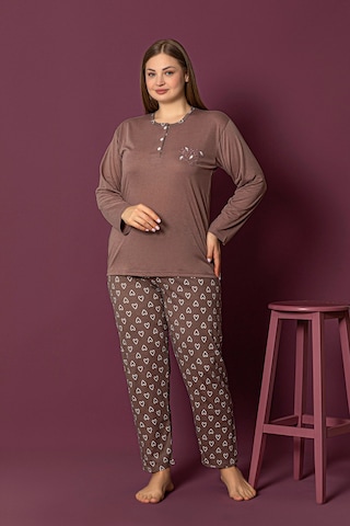 Nisanca Uzun Kollu %100 Pamuk Büyük Beden Anne Pijama Takımı- Anne Özel Serisi Kahve