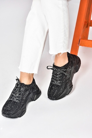 Fox Shoes Siyah Metal Taş Detaylı Kadın Spor Ayakkabı M444302814 Siyah-sim Siyah