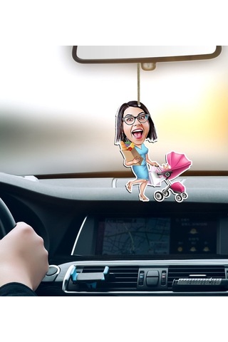 Kişiye Özel Ev Hanımı Karikatürlü Ahşap Araba Dikiz Ayna Süsü-1