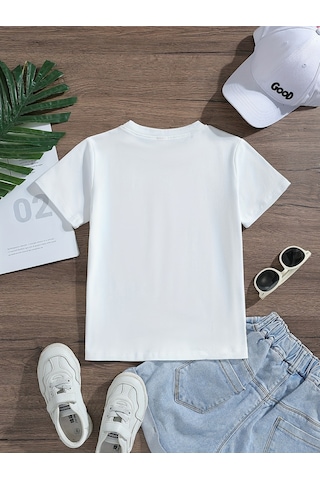Uyguntarz Çocuk Papatya Kelebek Baskılı Unisex Pamuklu Tshirt Beyaz