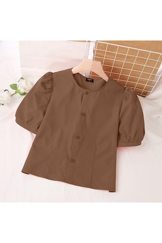 Haki Vonda Kadın Yaz Yuvarlak Yaka Puf Kısa Kollu Düğmeli Düz Renk Bol Bluz Haki