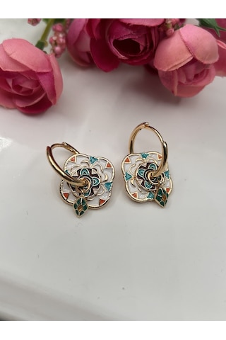 Kadın Etnik Charm Beyaz Desenli Çelik Kaplama Sallantılı Küpe Beyaz