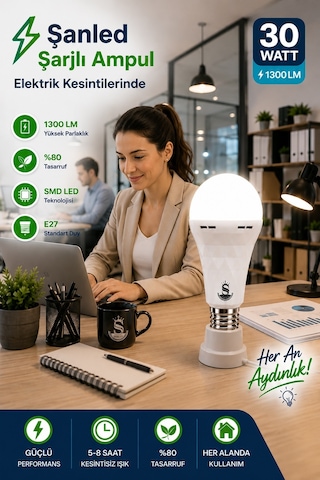 Şarjlı Akülü 30w Beyaz Işık Led Ampul 1 Adet 1 Adet