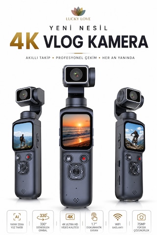 4k Ultra Hd Vlog Kamera 75mp Wifi Yapay Zeka Yüz Takipli 330 Gimbal 1.7 Dokunmatik Ekran 64gb Hafıza Kartlı