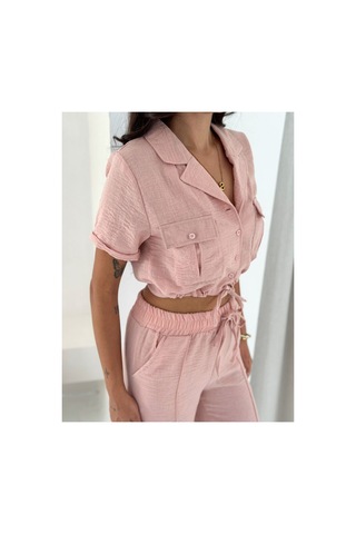 Wellway İthal Keten Kumaş İplik Detaylı Crop Gömlek & Pantolon İkili Takım -pembe Pembe
