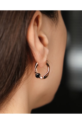 Lekka Design Kadın Kararmaz Çelik Lüks Takı Siyah Zirkon Taşlı Oval Halka Küpe