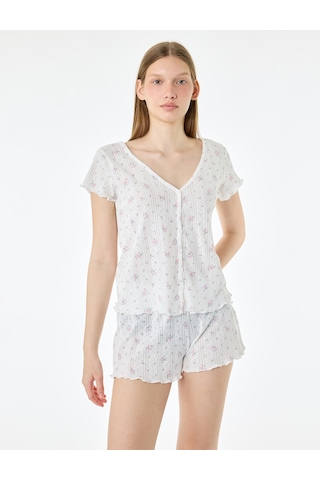 Koton Pamuklu Kısa Kollu Desenli Şortlu Pijama Takımı Ekru Desenli 6slk40197mk