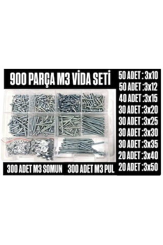 900 Adet Ysb Metrik 3 Vida Somun Pul Seti 3x10/3x12/3x15/3x20/3x25/3x25/3x30/3x35/3x40/3x50 0.3 MM
