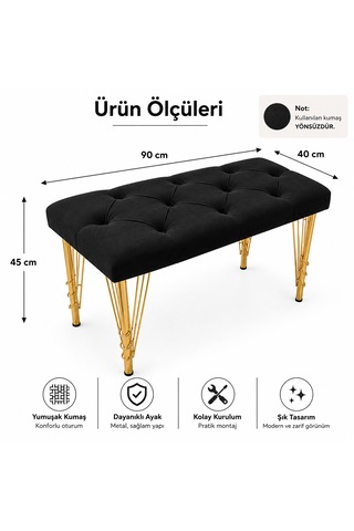 90cm Yeni Nesil Metal Gold Ayaklı Çok Amaçlı Puf Bench Siyah