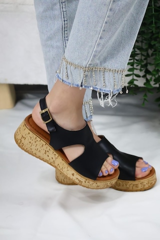 Asmi Shoes Kadın Elena Mantar Taban Ortopedik Sandelet Siyah Siyah