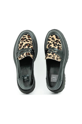Tuna Hakiki Deri Eva Taban Loafer Kadın Ayakkabı - L264192 Siyah Garni Leopar Baskı