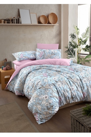 Mystory Home Lastikli Çarşaflı Çift Kişilik Nevresim Takımı Fiore Mavi Pembe