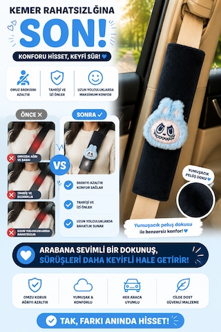 Bunny Mavi Emniyet Kemeri Aksesuarı - Emniyet Kemeri Kılıfı-araç Emniyet Kemeri Omuz Koruyucu 1 Adet
