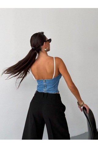 Herton Kadın İnce Askılı Arkası Fermuarlı Denim Korse Büstiyer Crop Top Çok Renkli