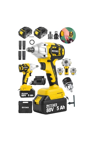 Steiner 88V 5Ah Çift Akülü Kömürsüz Çantalı Matkap Bijon Somun Sıkma Makinesi Sarı + Mandren