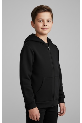 Erkek Çocuk Fermuarlı Kapüşonlu Basic Siyah Hırka Siyah