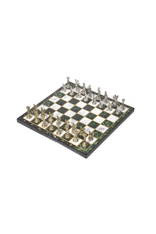 Lüks Metal Satranç Takımı Krom Kaplama Pegasus Atları & Zümrüt Yeşili Mermer Desenli Tahta 20 Cm.